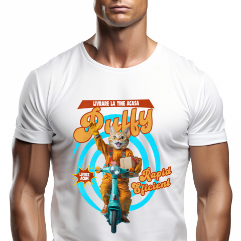 Personalizate cu Animalul Tau - Tricou Barbati cu Animal Livrator de Colete pe Scooter, Peronalizata cu Numele si Poza Animalului Tau cu imprimeu pe Fata, 100% Bumbac, Alb, XS