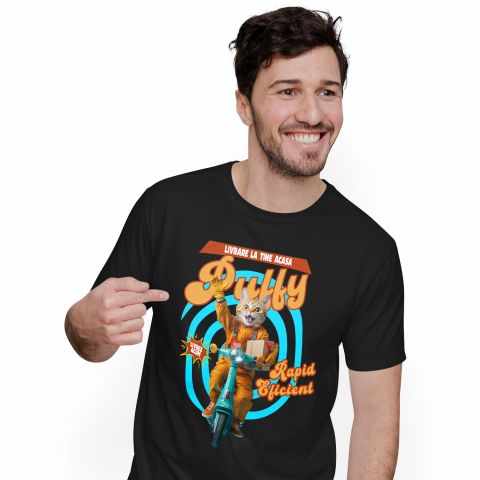 Tricouri - Tricou Barbati cu Animal Livrator de Colete pe Scooter, Peronalizata cu Numele si Poza Animalului Tau cu imprimeu pe Fata, 100% Bumbac, Negru, XS