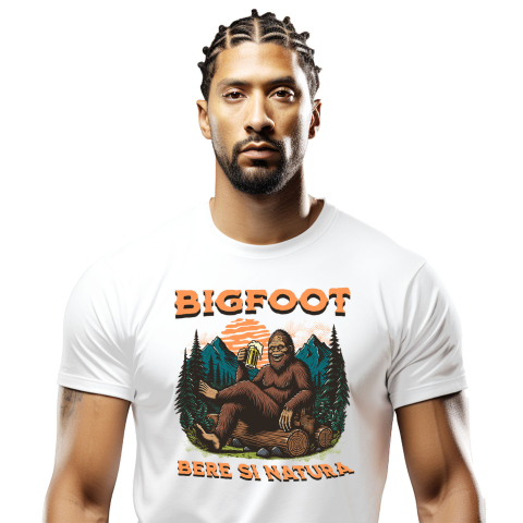Tricou Femei, Barbati, Copii, Fata, Baiat, Unisex Personalizat „Bigfoot în Pădure cu Bere - Cadou Personalizat pentru Iubitorii de Natură și Relaxare”