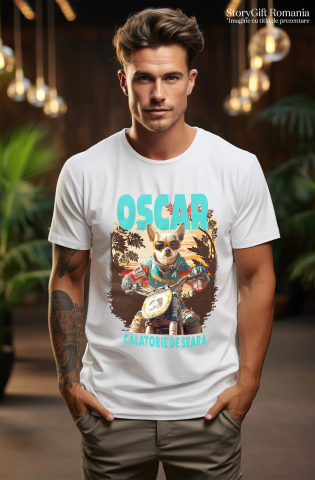 Tricou Barbati cu Animal Pe Motocicleta, Enduro, Motocross, Peronalizata cu Numele si Poza Animalului Tau cu imprimeu pe Fata, 100% Bumbac, Alb, XS [1]