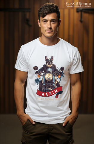 Tricou Barbati cu Animal Pe Motocicleta in Costum, Peronalizata cu Numele si Poza Animalului Tau cu imprimeu pe Fata, 100% Bumbac, Alb, XS [1]