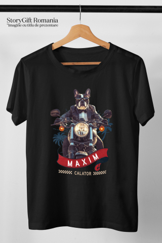 Tricou Barbati cu Animal Pe Motocicleta in Costum, Peronalizata cu Numele si Poza Animalului Tau cu imprimeu pe Fata, 100% Bumbac, Negru, XS [2]