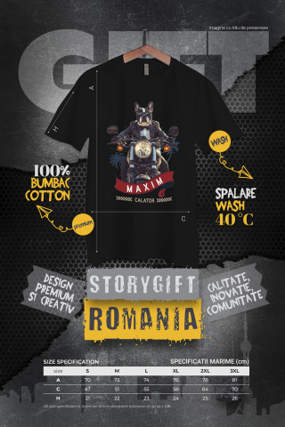 Tricou Barbati cu Animal Pe Motocicleta in Costum, Peronalizata cu Numele si Poza Animalului Tau cu imprimeu pe Fata, 100% Bumbac, Negru, XS [3]