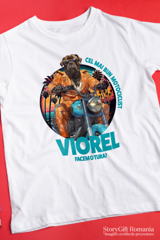 Tricou Barbati cu Animal Pe Motocicleta, La Apus cu Palmieri, Peronalizata cu Numele si Poza Animalului Tau cu imprimeu pe Fata, 100% Bumbac, Alb, M [2]