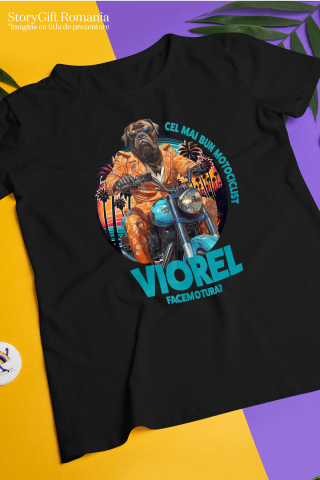 Tricou Barbati cu Animal Pe Motocicleta, La Apus cu Palmieri, Peronalizata cu Numele si Poza Animalului Tau cu imprimeu pe Fata, 100% Bumbac, Negru, M [2]