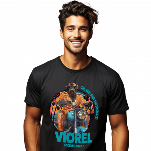 Personalizate cu Animalul Tau - Tricou Barbati cu Animal Pe Motocicleta, La Apus cu Palmieri, Peronalizata cu Numele si Poza Animalului Tau cu imprimeu pe Fata, 100% Bumbac, Negru, XS