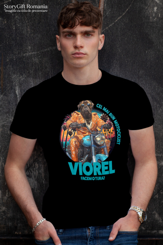 Tricou Barbati cu Animal Pe Motocicleta, La Apus cu Palmieri, Peronalizata cu Numele si Poza Animalului Tau cu imprimeu pe Fata, 100% Bumbac, Negru, M [1]