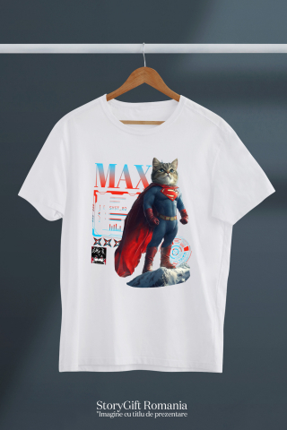 Tricou Femei cu Animal SuperMan in Varful Muntelui, Power Pose, Peronalizata cu Numele si Poza Animalului Tau cu imprimeu pe Fata, 100% Bumbac, Alb, S [2]