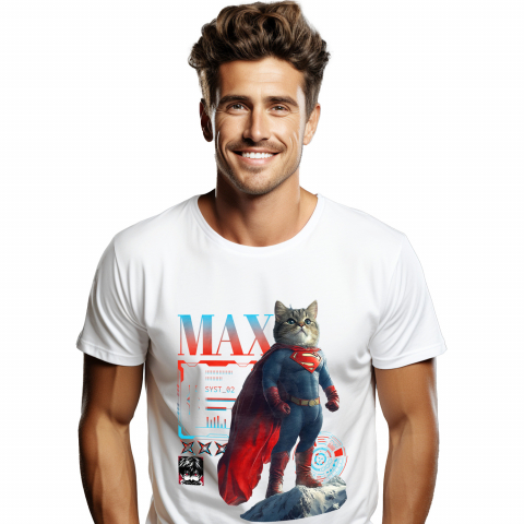 Personalizate cu Animalul Tau - Tricou Barbati cu Animal SuperMan in Varful Muntelui, Power Pose, Peronalizata cu Numele si Poza Animalului Tau cu imprimeu pe Fata, 100% Bumbac, Alb, XS