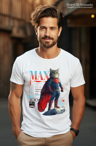 Tricou Barbati cu Animal SuperMan in Varful Muntelui, Power Pose, Peronalizata cu Numele si Poza Animalului Tau cu imprimeu pe Fata, 100% Bumbac, Alb, XS [1]