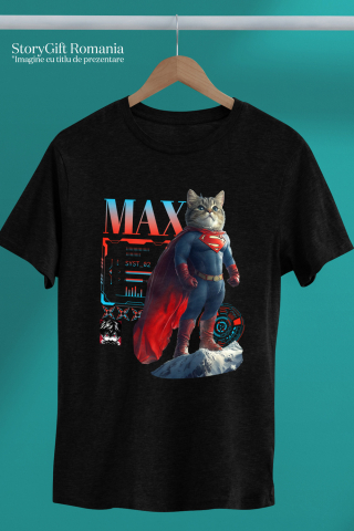 Tricou Barbati cu Animal SuperMan in Varful Muntelui, Power Pose, Peronalizata cu Numele si Poza Animalului Tau cu imprimeu pe Fata, 100% Bumbac, Negru, M [2]