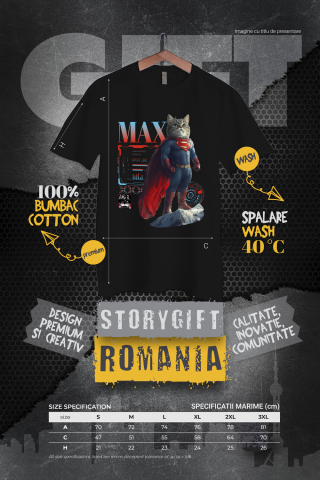 Tricou Barbati cu Animal SuperMan in Varful Muntelui, Power Pose, Peronalizata cu Numele si Poza Animalului Tau cu imprimeu pe Fata, 100% Bumbac, Negru, M [3]