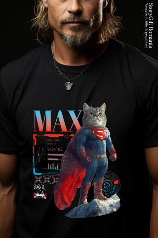 Tricou Barbati cu Animal SuperMan in Varful Muntelui, Power Pose, Peronalizata cu Numele si Poza Animalului Tau cu imprimeu pe Fata, 100% Bumbac, Negru, M [1]