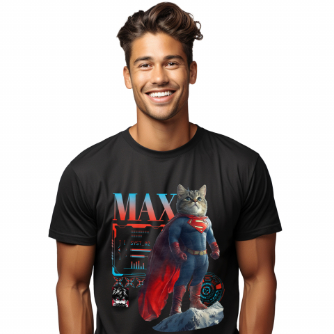 Personalizate cu Animalul Tau - Tricou Barbati cu Animal SuperMan in Varful Muntelui, Power Pose, Peronalizata cu Numele si Poza Animalului Tau cu imprimeu pe Fata, 100% Bumbac, Negru, XS