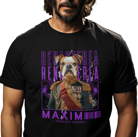 Personalizate cu Animalul Tau - Tricou Barbati cu Animal Veteran de Razboi, Peronalizata cu Numele si Poza Animalului Tau cu imprimeu pe Fata, 100% Bumbac, Negru, XS