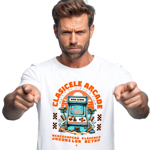 Lume Digitala - Tricou Femei, Barbati, Copii, Fata, Baiat, Unisex Personalizat Arcada Vintage Jocuri Video Retro cu Tema Plajă Tropicală - Cadou Personalizat pentru Familie și Gameri