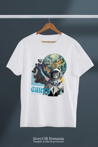 Tricou Femei, Barbati, Copii, Fata, Baiat, Unisex Personalizat "Produse personalizate de artă – Chip uman, planetă Pământ, Lună, pisică spațială și rachetă" [2]