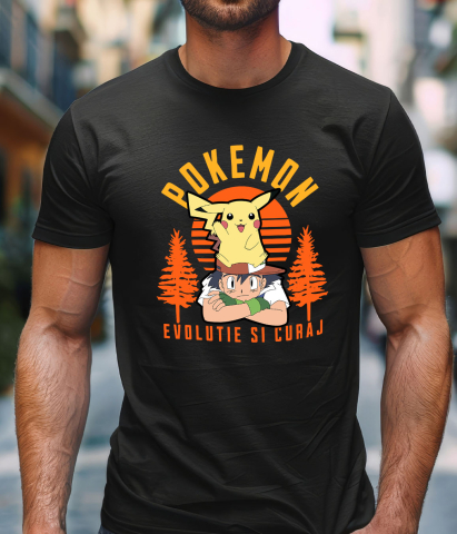 Tricou Barbati cu Ash Ketchum si Pokemon: Prietenii pentru Totdeauna 100% Bumbac, Negru, XL [1]