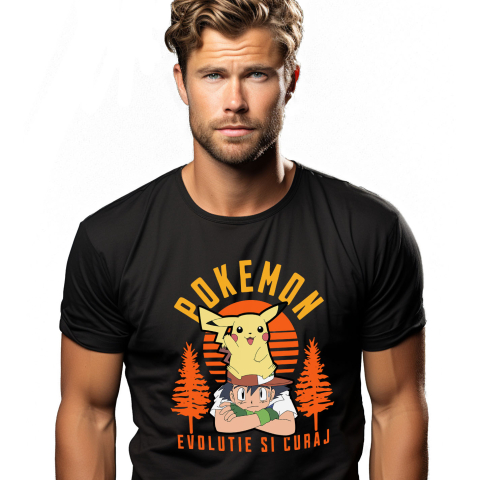 Desene Animate - Tricou Barbati cu Ash Ketchum si Pokemon: Prietenii pentru Totdeauna 100% Bumbac, Negru, XL