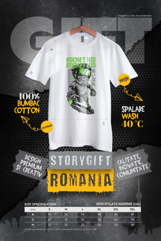 Tricou Barbati Cu Baiat Cu Ochelarii VR, Fata Zambitoare, Text In Engleza Rocket Kid, Iubitorii De Rachete  cu imprimeu pe Fata, 100% Bumbac,  Alb, M [3]