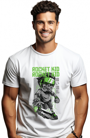 Barbati - Marimea M - Tricou Barbati Cu Baiat Cu Ochelarii VR, Fata Zambitoare, Text In Engleza Rocket Kid, Iubitorii De Rachete  cu imprimeu pe Fata, 100% Bumbac,  Alb, M