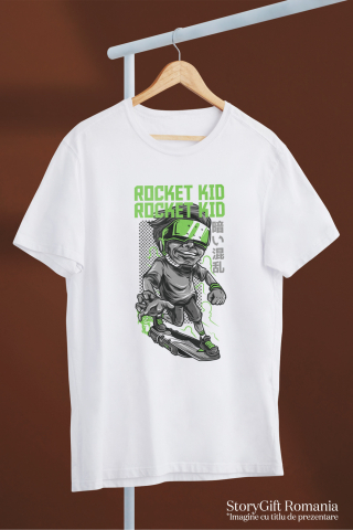 Tricou Barbati Cu Baiat Cu Ochelarii VR, Fata Zambitoare, Text In Engleza Rocket Kid, Iubitorii De Rachete  cu imprimeu pe Fata, 100% Bumbac,  Alb, M [2]
