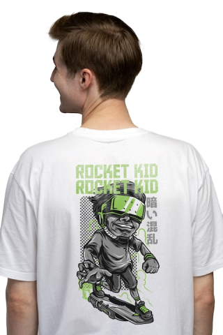 Barbati - Marimea M - Tricou Barbati Cu Baiat Cu Ochelarii VR, Fata Zambitoare, Text In Engleza Rocket Kid, Iubitorii De Rachete cu imprimeu pe Spate, 100% Bumbac, Alb, M