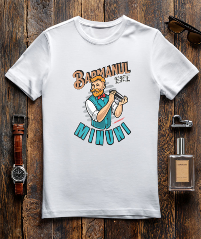 Tricou Femei, Barbati, Copii, Fata, Baiat, Unisex Personalizat Bărbat Animație cu Mustață, Papion Roșu și Shaker – Horeca [2]