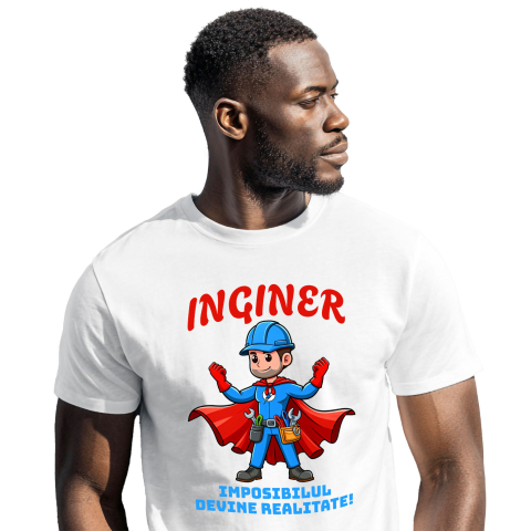 SuperEroi si Personaje TV - Tricou Femei, Barbati, Copii, Fata, Baiat, Unisex Personalizat Bărbat Cu Salopetă Albastră Și Pelerină Roșie – Cadou Personalizat „Inginer Imposibilul Devine Realitate”