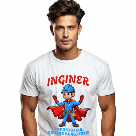 Supereroi - Tricou Femei, Barbati, Copii, Fata, Baiat, Unisex Personalizat Bărbat Cu Salopetă Albastră Și Pelerină Roșie – Cadou Personalizat „Inginer Imposibilul Devine Realitate”