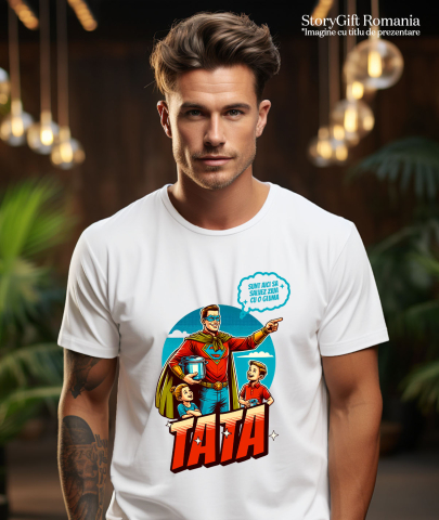 Tricou Femei, Barbati, Copii, Fata, Baiat, Unisex Personalizat Bărbat În Costum De Super Erou Cu Glumă – Cadou Personalizat „Sunt Aici Ca Să Salvez Ziua Cu O Glumă Tata” [1]
