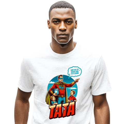 Tata - Tricou Femei, Barbati, Copii, Fata, Baiat, Unisex Personalizat Bărbat În Costum De Super Erou Cu Glumă – Cadou Personalizat „Sunt Aici Ca Să Salvez Ziua Cu O Glumă Tata”