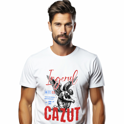 INGERI - Tricou Femei, Barbati, Copii, Fata, Baiat, Unisex Personalizat Bărbat Cu Aripi și Text „Înger Căzut” - Artă Abstractă Motivatională pentru Familie și Prieteni
