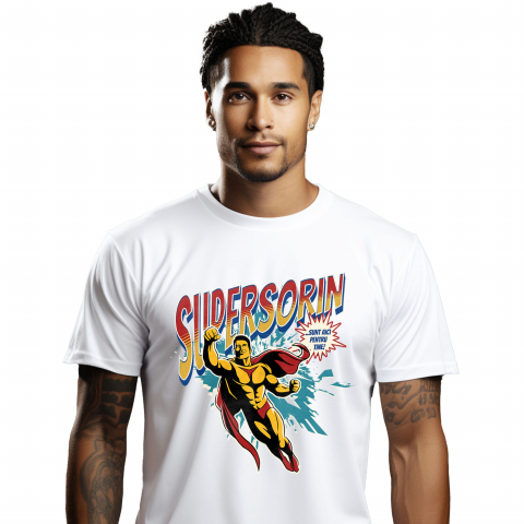 Tricou Femei, Barbati, Copii, Fata, Baiat, Unisex Personalizat Bărbat Puternic În Zbor Super Erou – Cadou Personalizat „Super Sorin Sunt Aici Pentru Tine”