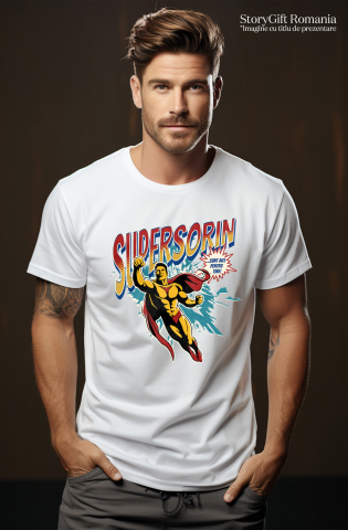 Tricou Femei, Barbati, Copii, Fata, Baiat, Unisex Personalizat Bărbat Puternic În Zbor Super Erou – Cadou Personalizat „Super Sorin Sunt Aici Pentru Tine” [1]