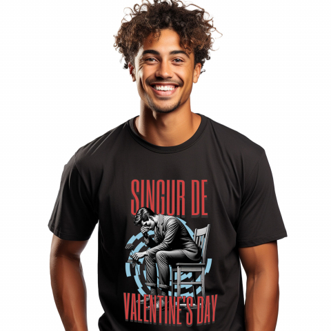 Tricou Femei, Barbati, Copii, Fata, Baiat, Unisex Personalizat Bărbat Trist pe Scaun „Singur de Valentine's Day” – Cadou Personalizat pentru Dragoste și Iubire Pierdută