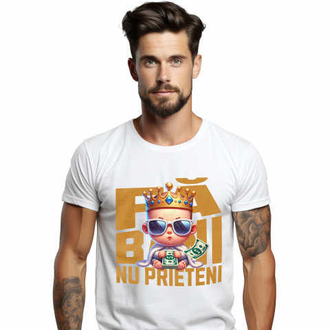 BANI - Tricou Femei, Barbati, Copii, Fata, Baiat, Unisex Personalizat Bebeluș cu Teanc Bancnote și Coroană – „Fa Bani” – Cadou Personalizat pentru Familie, Tati, Copii, Prieteni