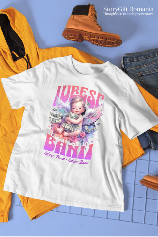 Tricou Femei, Barbati, Copii, Fata, Baiat, Unisex Personalizat Bebelus Înger pe Nor cu Bancnote – „Iubesc Banii” – Cadou Personalizat pentru Familie, Tati, Copii, Prieteni [2]