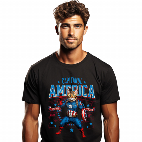 Tricou Femei, Barbati, Copii, Fata, Baiat, Unisex Personalizat Pisica Bengal în Costum de Captain America cu Pelerină - Cadou Personalizat pentru Copii și Iubitorii de Pisici