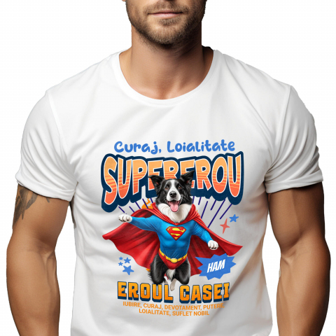 Supereroi - Tricou Femei, Barbati, Copii, Fata, Baiat, Unisex Personalizat Border Collie în Costum de Superman – Produse Personalizate pentru Copii și Familie