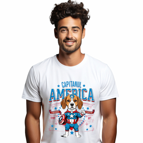 Tricou Femei, Barbati, Copii, Fata, Baiat, Unisex Personalizat Boxer în Costum Captain America cu Pelerină - Cadou Personalizat pentru Copii și Iubitorii de Câini
