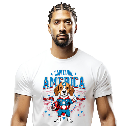 SuperEroi si Personaje TV - Tricou Femei, Barbati, Copii, Fata, Baiat, Unisex Personalizat Boxer în Costum Captain America cu Pelerină - Cadou Personalizat pentru Copii și Iubitorii de Câini