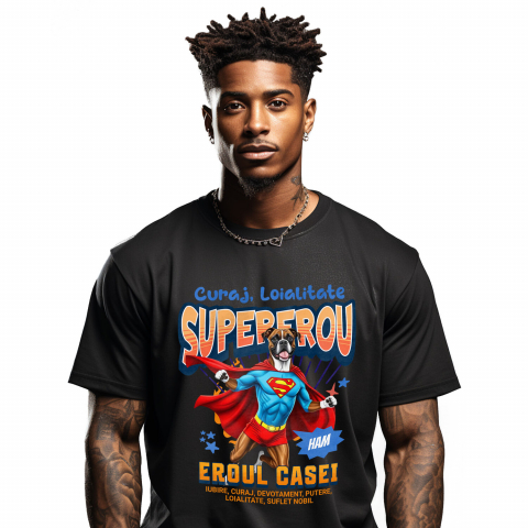 Tricou Femei, Barbati, Copii, Fata, Baiat, Unisex Personalizat Câine Boxer în Costum de Superman – Produse Personalizate pentru Copii și Familie