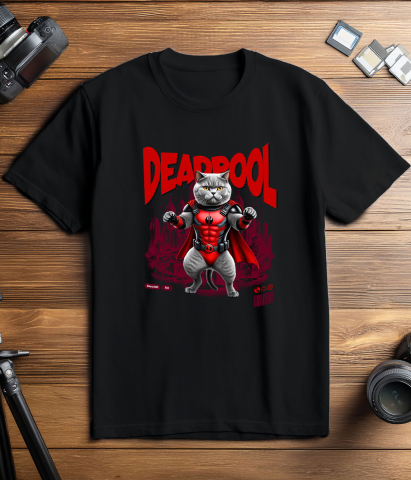 Tricou Femei, Barbati, Copii, Fata, Baiat, Unisex Personalizat British Shorthair în Costum Deadpool – Pisică Supererou Amuzantă pentru Iubitorii de Animale [2]