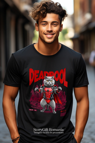 Tricou Femei, Barbati, Copii, Fata, Baiat, Unisex Personalizat British Shorthair în Costum Deadpool – Pisică Supererou Amuzantă pentru Iubitorii de Animale [1]