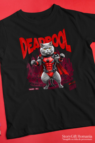 Tricou Femei, Barbati, Copii, Fata, Baiat, Unisex Personalizat British Shorthair în Costum Deadpool – Pisică Supererou Amuzantă pentru Iubitorii de Animale [2]