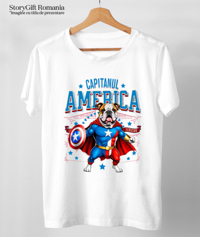 Tricou Femei, Barbati, Copii, Fata, Baiat, Unisex Personalizat Bulldog în Costum Captain America cu Pelerină - Cadou Personalizat pentru Copii și Iubitorii de Câini [2]