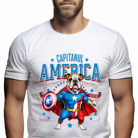 Tricou Femei, Barbati, Copii, Fata, Baiat, Unisex Personalizat Bulldog în Costum Captain America cu Pelerină - Cadou Personalizat pentru Copii și Iubitorii de Câini