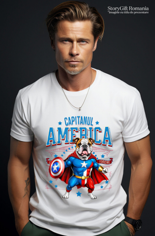 Tricou Femei, Barbati, Copii, Fata, Baiat, Unisex Personalizat Bulldog în Costum Captain America cu Pelerină - Cadou Personalizat pentru Copii și Iubitorii de Câini [1]
