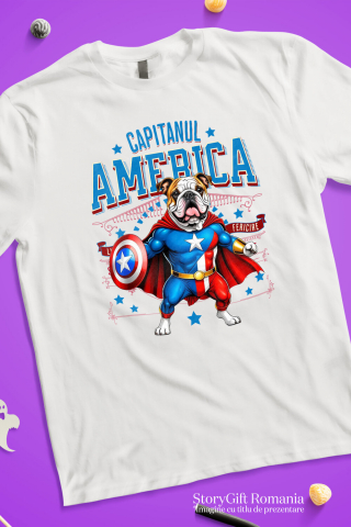 Tricou Femei, Barbati, Copii, Fata, Baiat, Unisex Personalizat Bulldog în Costum Captain America cu Pelerină - Cadou Personalizat pentru Copii și Iubitorii de Câini [2]